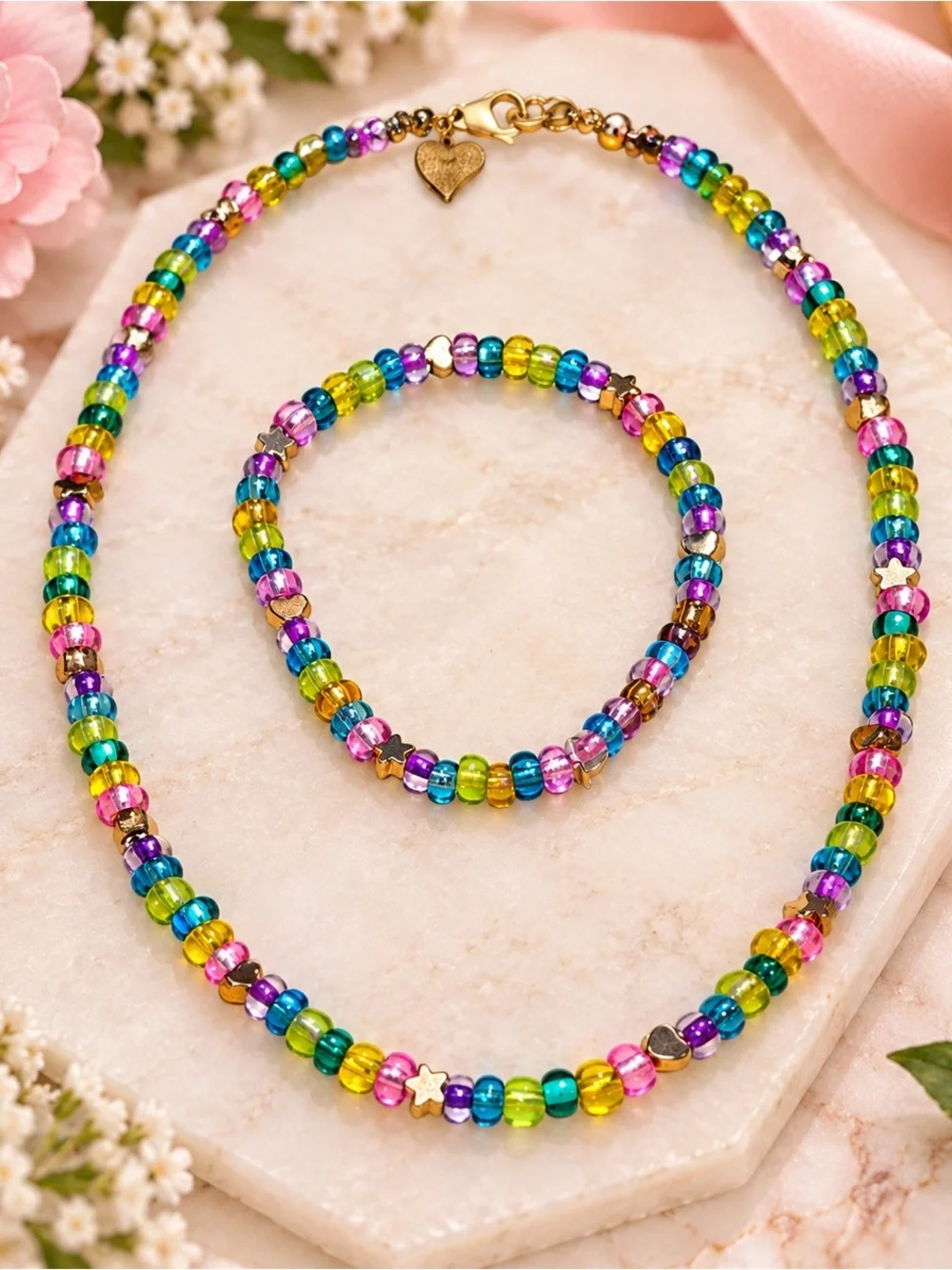 Children’s Rainbow Glass Bead Necklace Gold Accents Colorful Artisan Jewelry